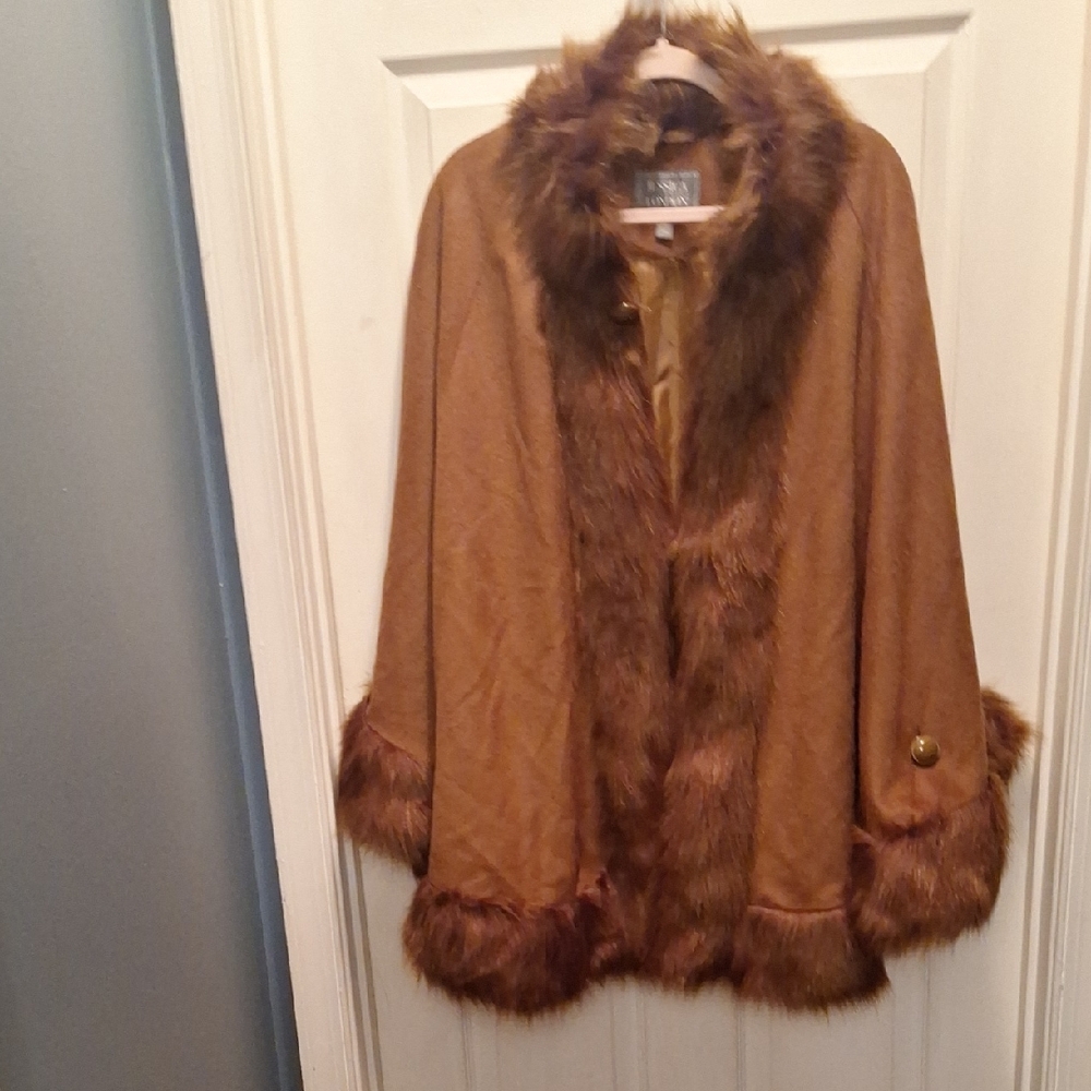 Jessica London Brown Cape with Faux Fur Trim